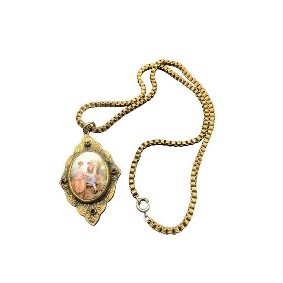 Antique Victorian Painted Porcelain Cameo Style Romantic Scene Necklace Brass - Picture 1 of 9